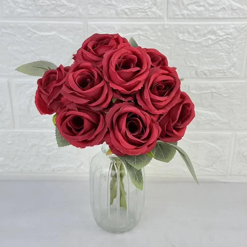 Bouquet of 10 artificial silk decorative rose wines for events - view 6