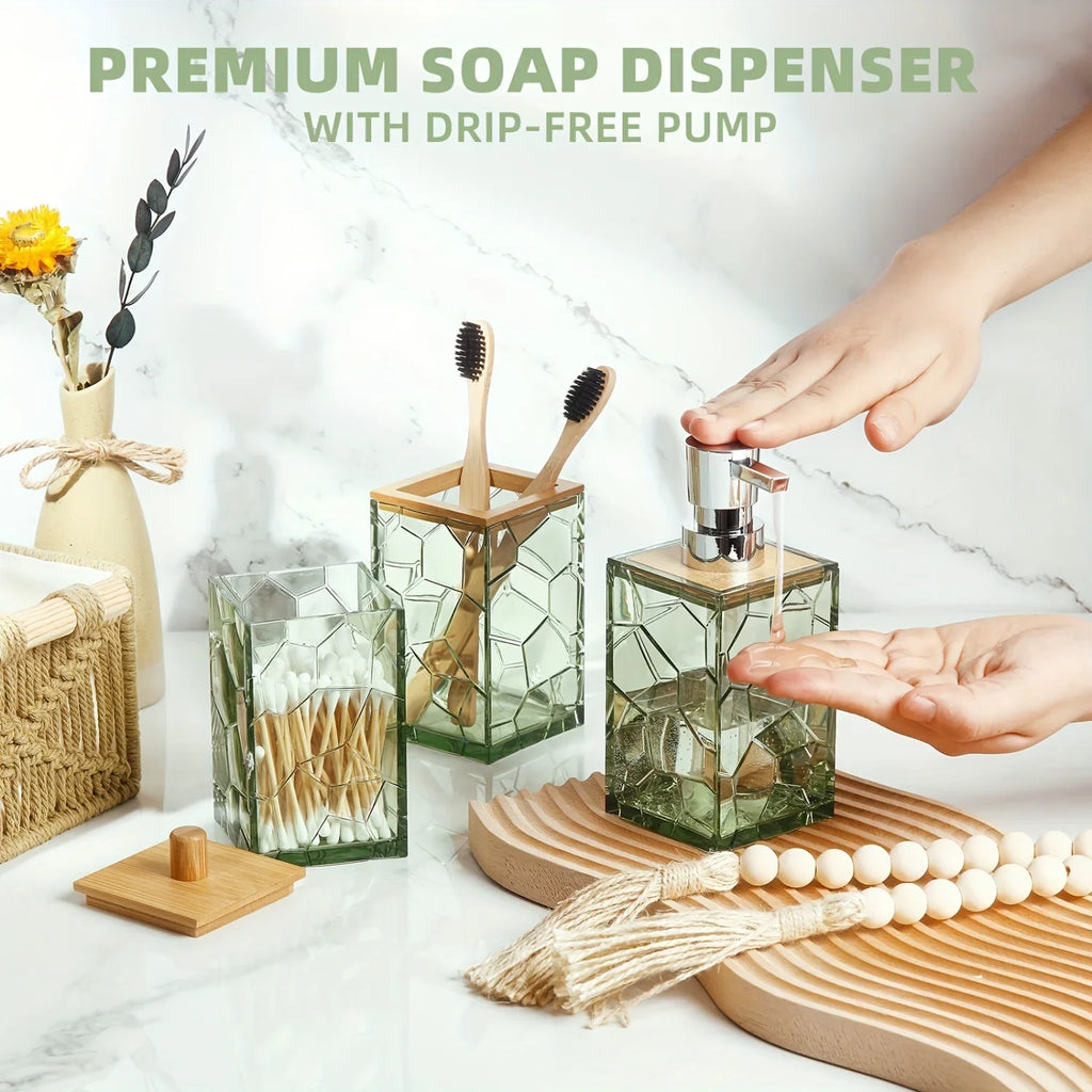 Bathroom Accessory Set, Acrylic Bamboo Accessories, Includes Toothbrush Holder, Soap Dispenser, Cotton Swab Holder, Soap Dish, T - view 2