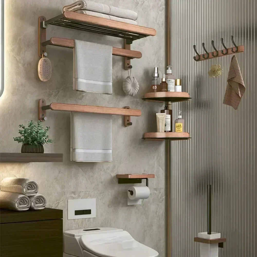 Wooden and aluminum towel holder wall organizer for shower accessories - view 3