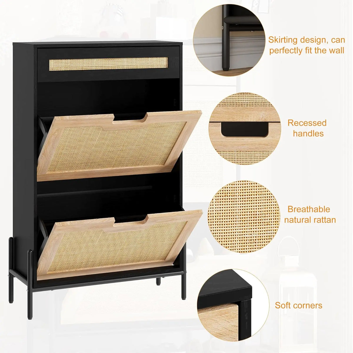 Natural Rattan Storage Cabinet with 2 Flip Door 1 Drawer Freestanding Entrance Shoe Cabinet, Modern Narrow Entry Way Cabinet - view 5