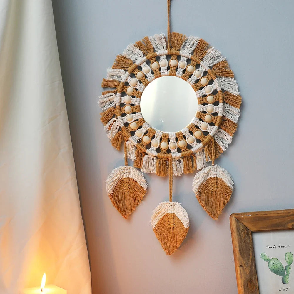 Bohemian Macrame Wall Mirror, Handwoven Cotton Rope - Miroir M01288