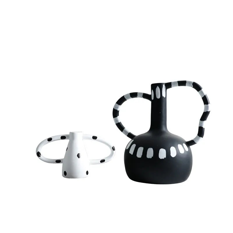 Black And White Polka Dot Double Ear Vase Decoration, Cave Style Homestay Sample Board Room Minimalist Flower Set - view 6