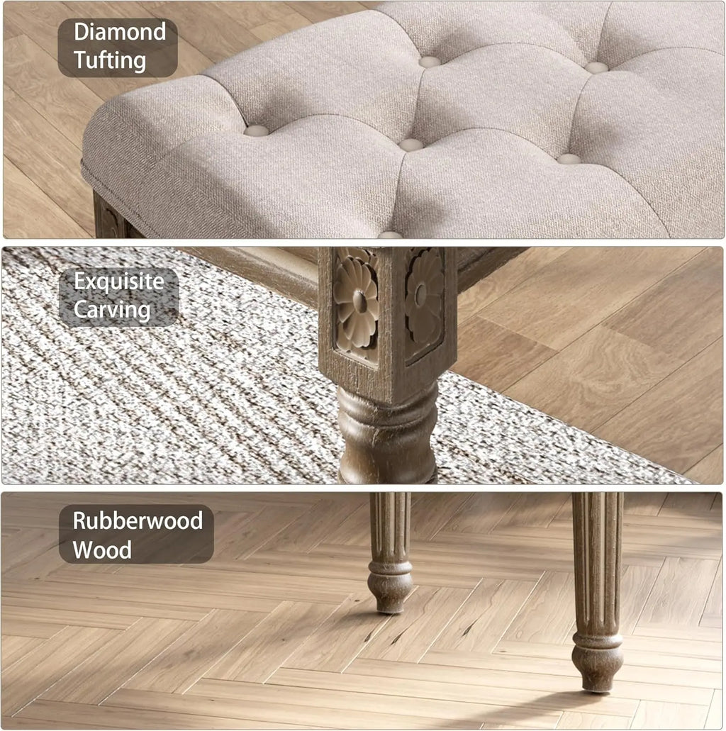 Beige Bench for Dining Room Table, Upholstered Vanity Stool Piano Bench Makeup Stool with Rustic Wood Vanity Stool Foot Rest - view 4