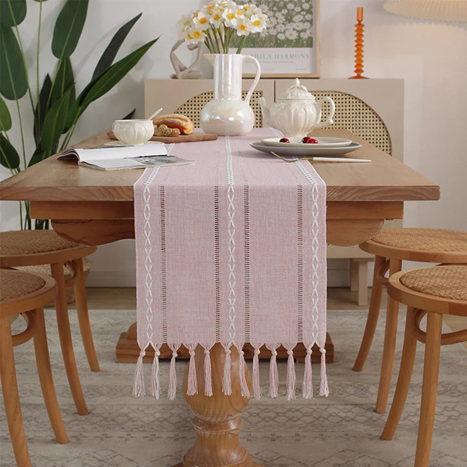 Bohemian table runner cotton woven pom-poms - 35x120cm