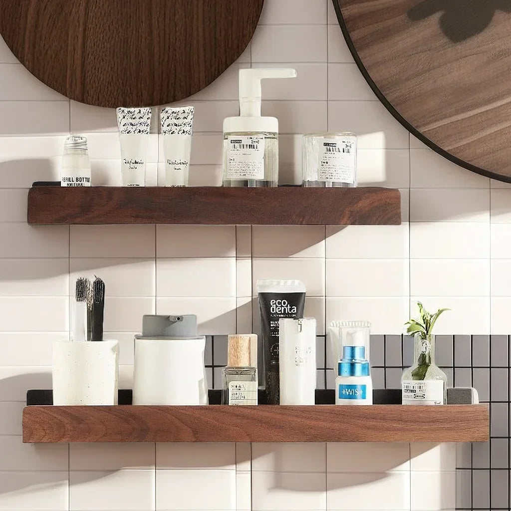 Solid wood wall shelf for practical storage without perforation