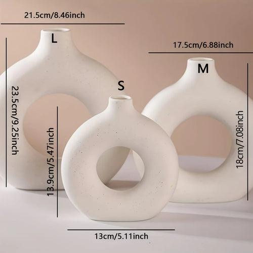 1pc White Ceramic Vases For Home decor, Modern decor Frosted Circle Vase, Minimalist Nordic Donut Vase, Decorative - view 2