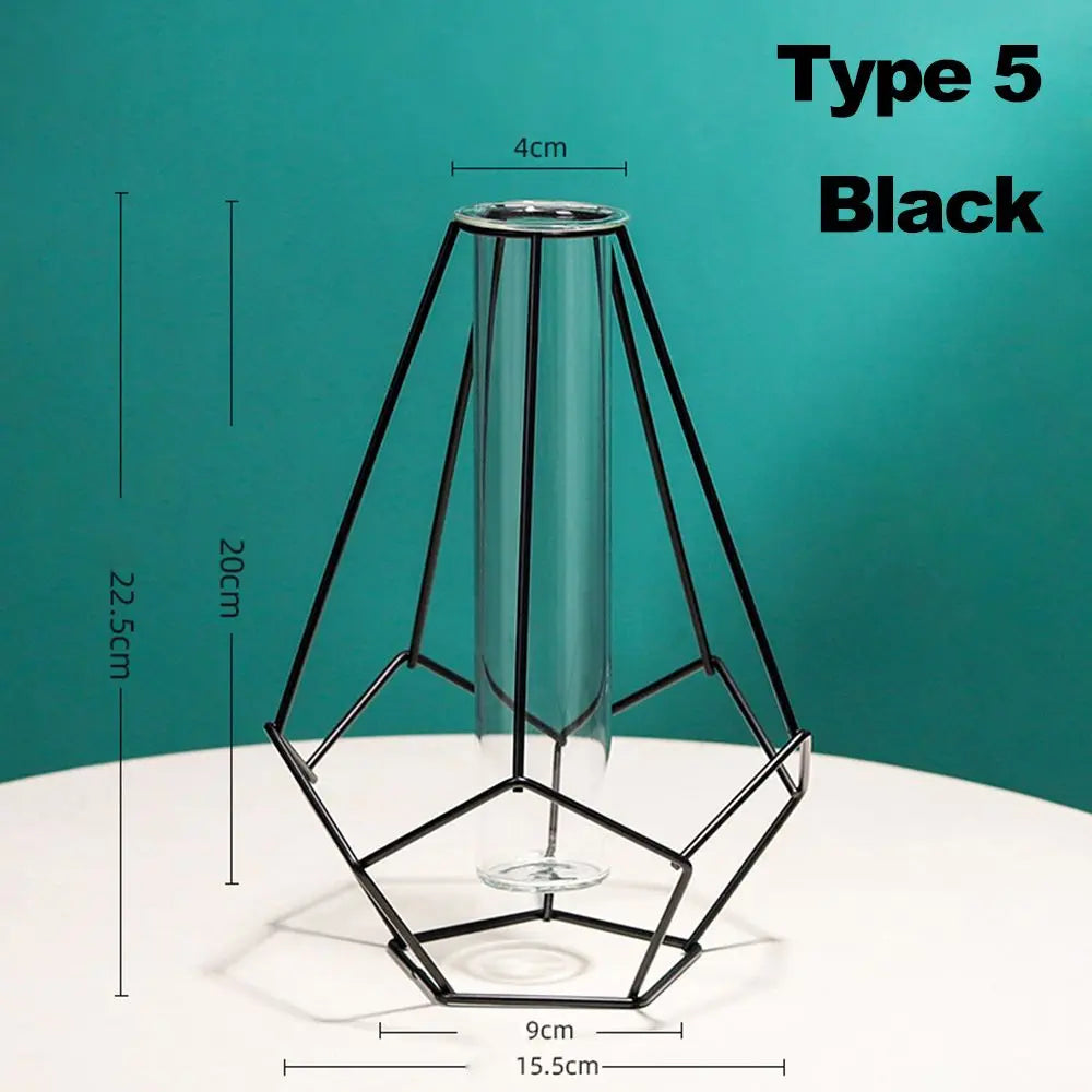 Retro iron vase with glass modern Nordic decoration - Black-Type 5