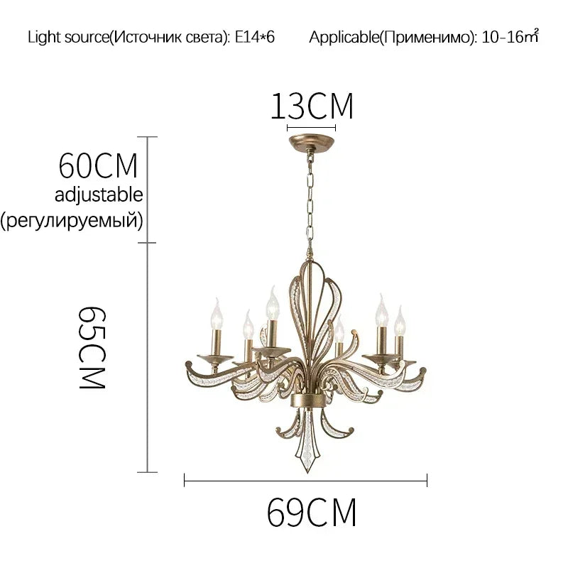 American retro crystal candlestick, French creative candle design, bedroom, living room, study, interior decoration lamp - 6 heads D69cm / warm light