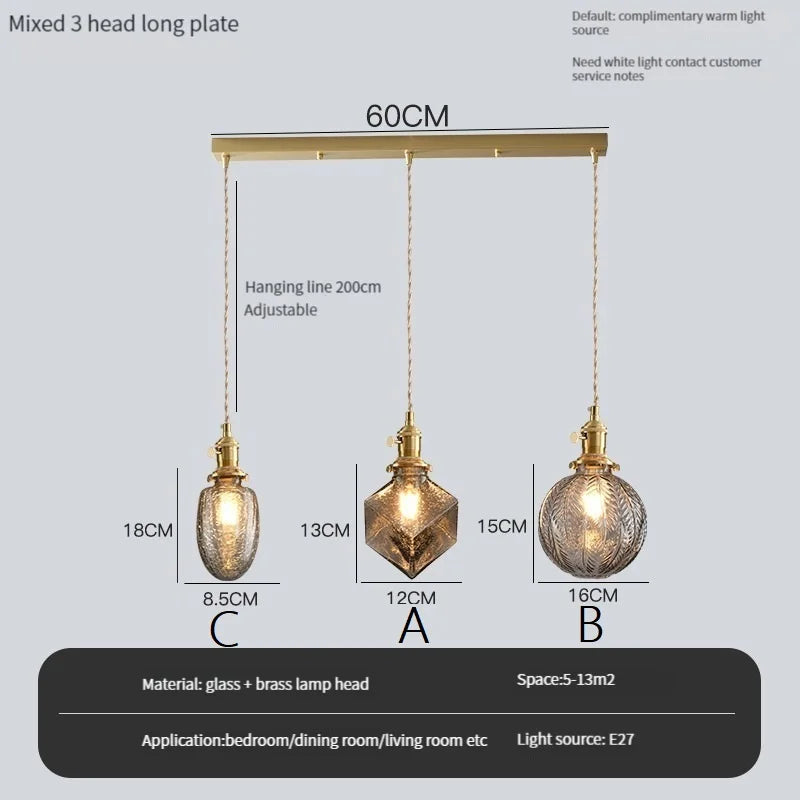 Vintage pendant light with crystal glass switch and shade - 3 ABC long / Warm White / 4 W (max. 100 W)