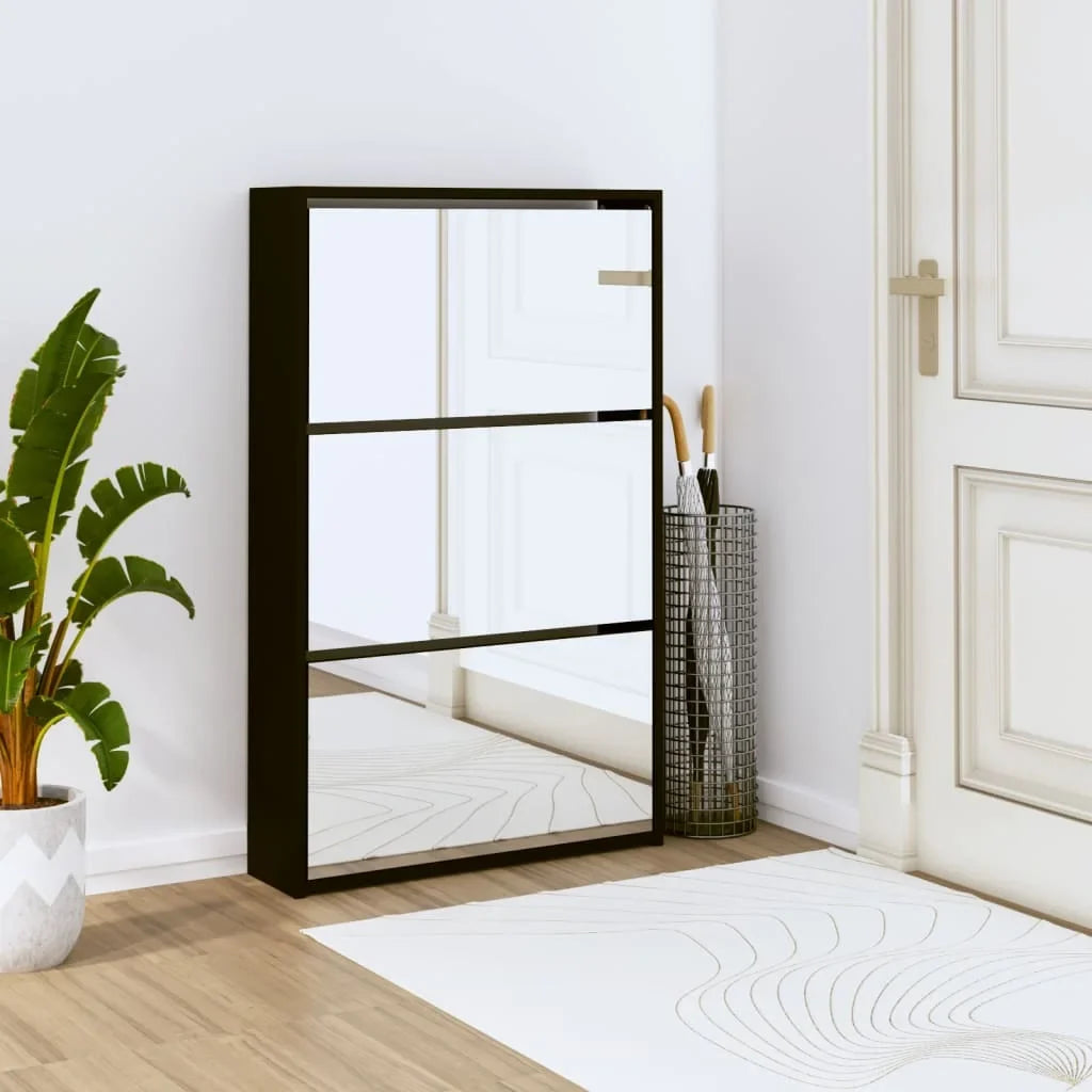 Shoe cabinet with mirror 3 levels black 63x17x102,5 cm