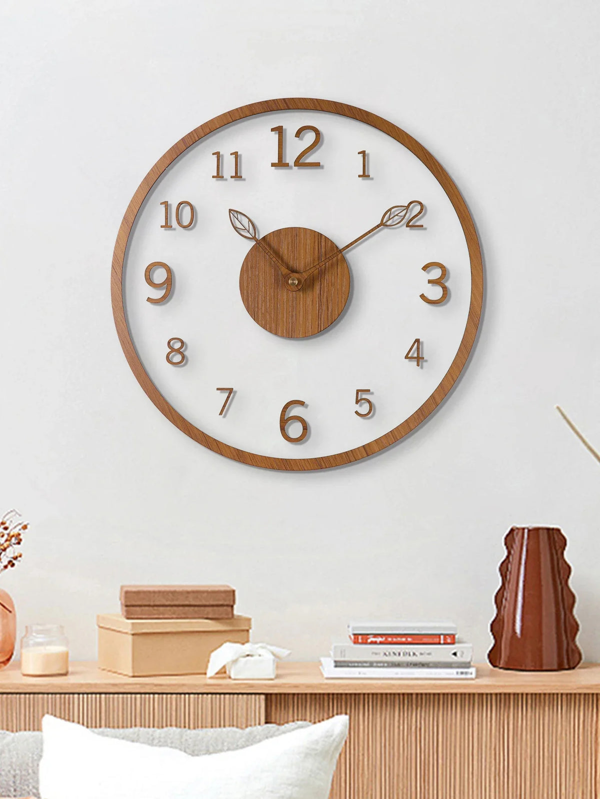 Transparent minimalist wall clock, tree leaf pointer, wood grain wall clock, silent living room, bedroom, office, and holiday de - 12 inch