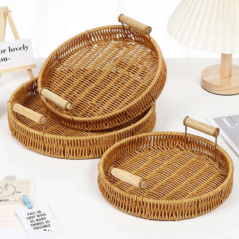 Woven rattan storage tray with wooden handles