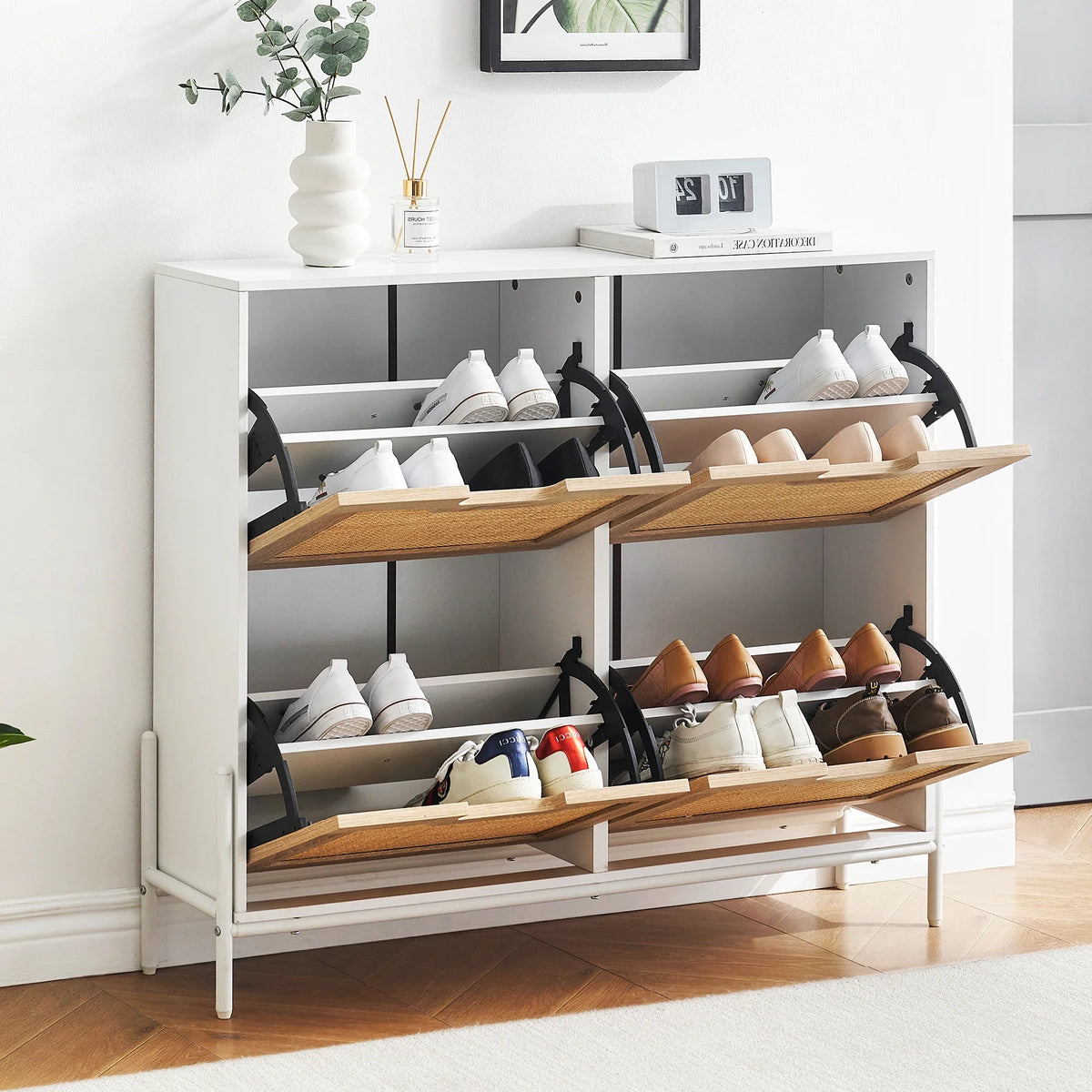 Natural rattan shoe cabinet with folding doors and adjustable shelves - view 3