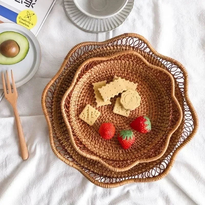 Round Rattan Woven Basket, Wicker Fruit Basket, Bread Food Kitchen Home decor Organizer, Breadbasket For Kitchen - view 6