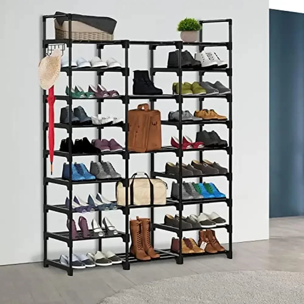 Double row metal shoe shelf with versatile hooks - view 4