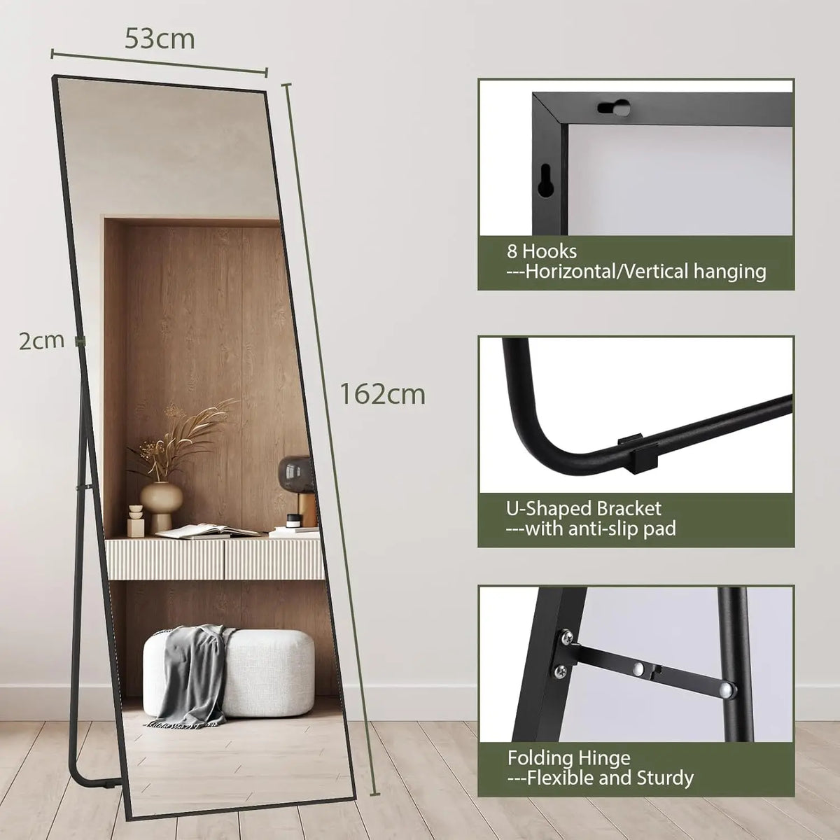 Full Length Mirror Standing Hanging or Leaning Against Wall Large Bedroom Floor Mirror Dressing, Aluminum Alloy Frame 162cm - Black Right angle