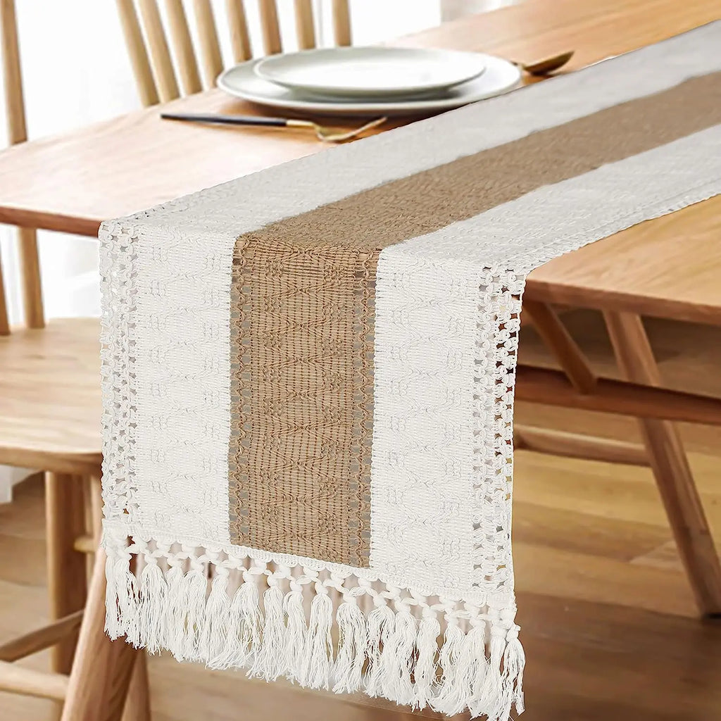 Structured Beige Geometric Table Runner with Pom-Poms - view 2