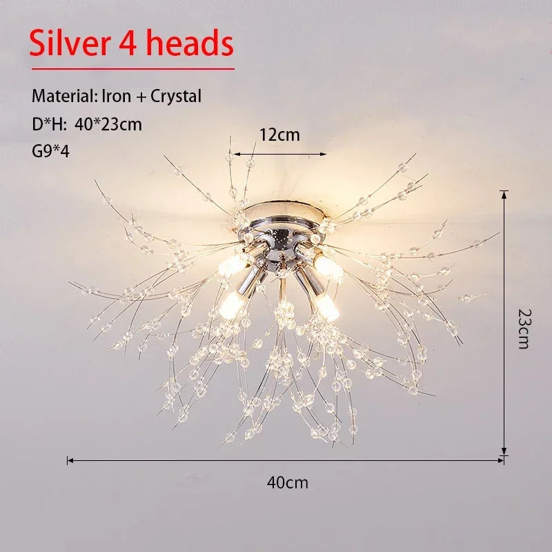 Modern Dandelion Crystal Pendant, Living Room, Dining Room, Bedroom Ceiling Light, Room Light, Fireball Decorative Light - Silver 4 heads / 110V / Warm White