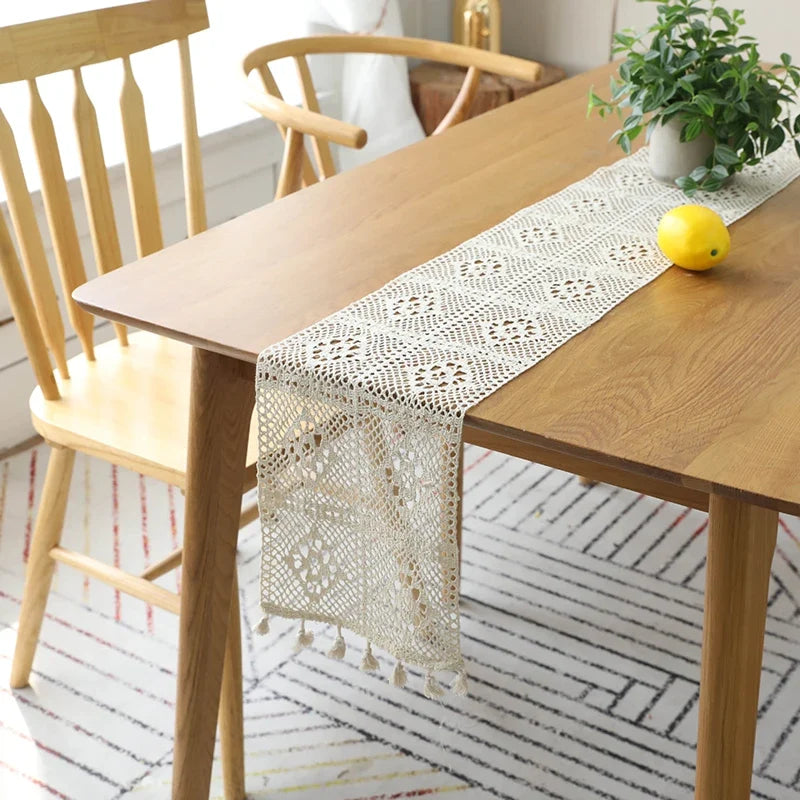 Table runner lace crochet beige bohemian pom-poms - 24X100cm