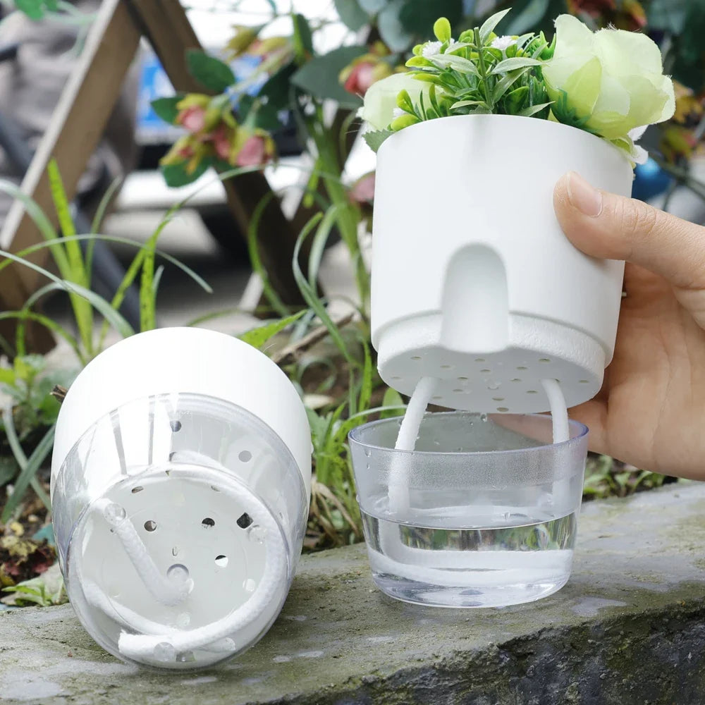 Plastic flower pot with automatic watering and absorbent rope - view 3