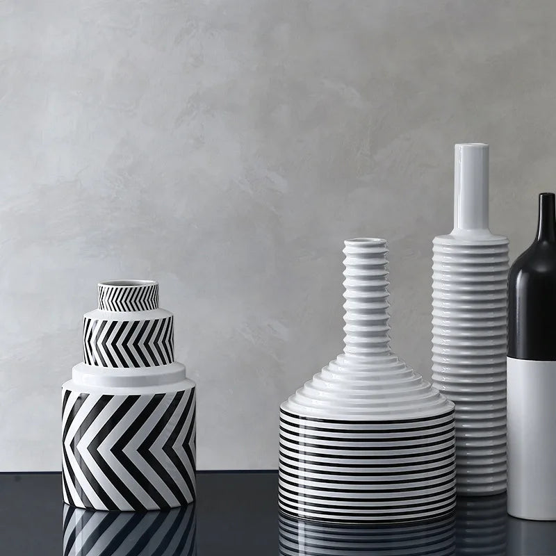 Black and White Striped Ceramic Vase, Flower Pot Decoration, Home and Living Room Decoration, Creative Geometric Striped Vase - view 2