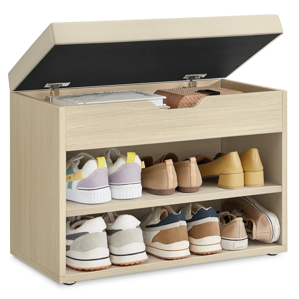 VASAGLE Shoe Bench, Bench, Shoe Rack with Padded Cushion, Shoe Organiser with 3 Levels, 30 x 60 x 44 cm, for Hallway - view 3