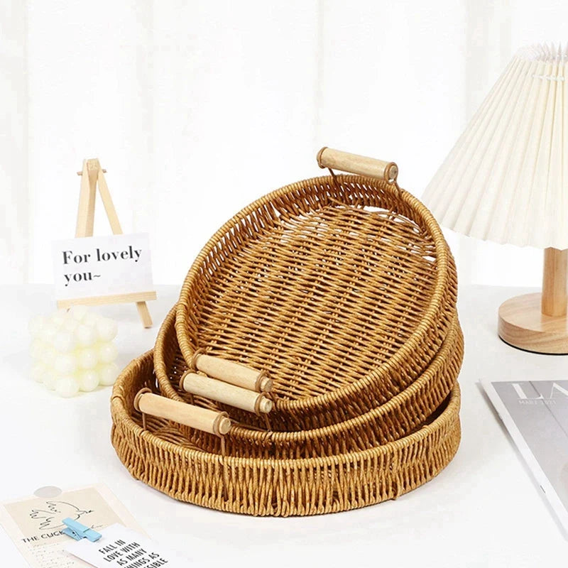 Woven rattan storage tray with wooden handles - view 2