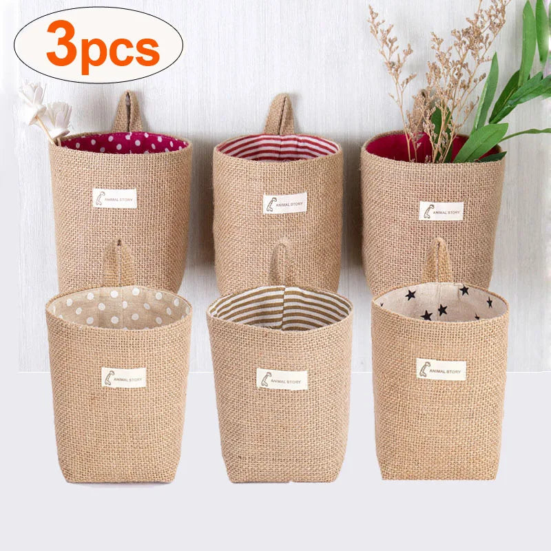 Set of 3 hanging baskets in jute canvas for decorative storage