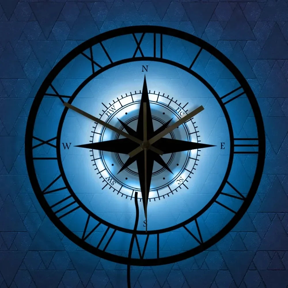 Silent wall clock with compass and steering map - LED 7 couleurs