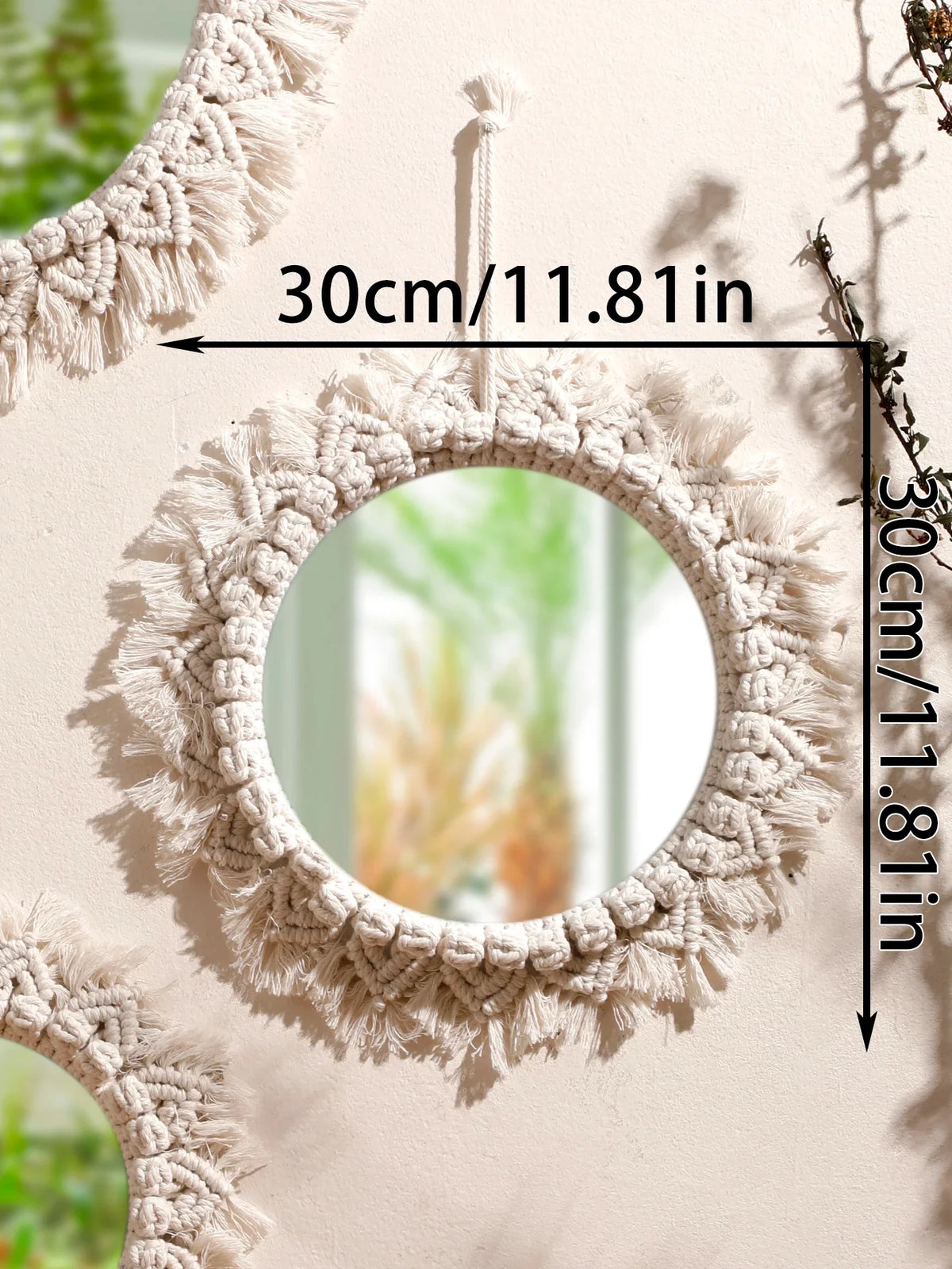 Hanging mirror in decorative macrame with woven pom-poms - KK088-MS8327