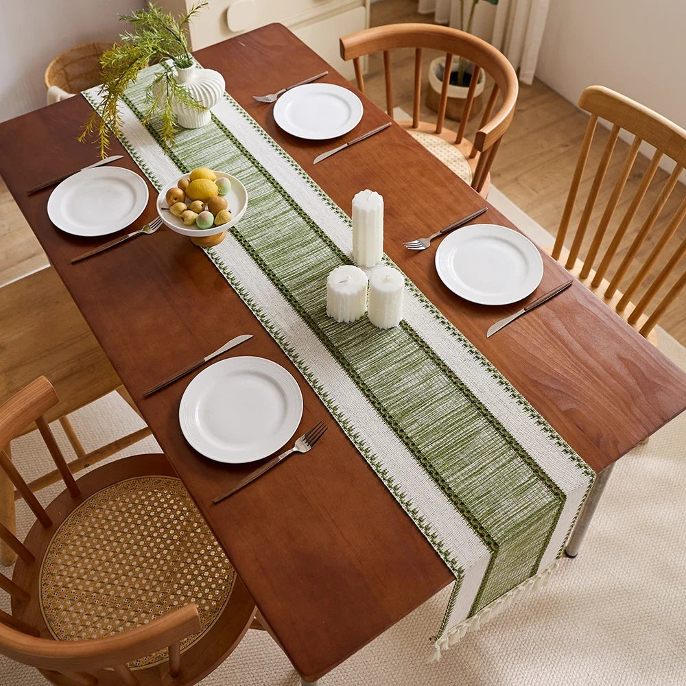 Striped table runner beige bohemian pom-poms - view 2