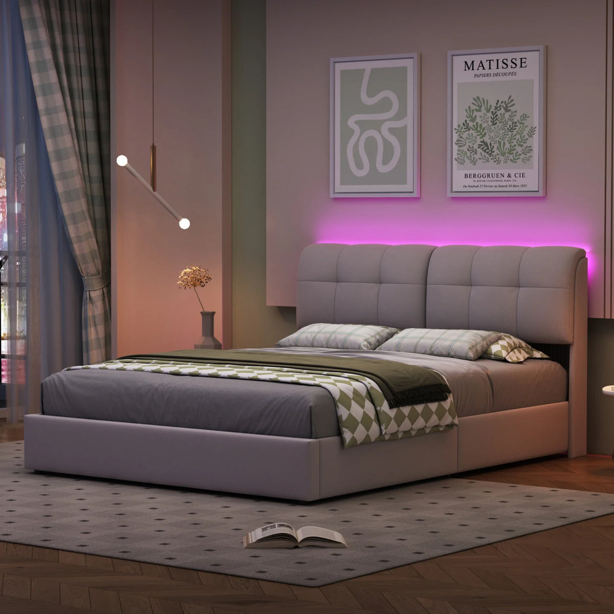 Double Bed with Storage Space,Upholstered Bed 140/160 x 200cm,Headboard with LED Lighting and USB Port,No Mattress,Velvet Beige - view 2