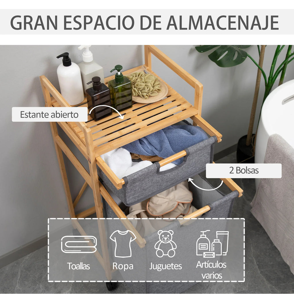 HOMCOM bamboo laundry hamper 2 removable cloth bags 42x35x84,5 cm - view 4