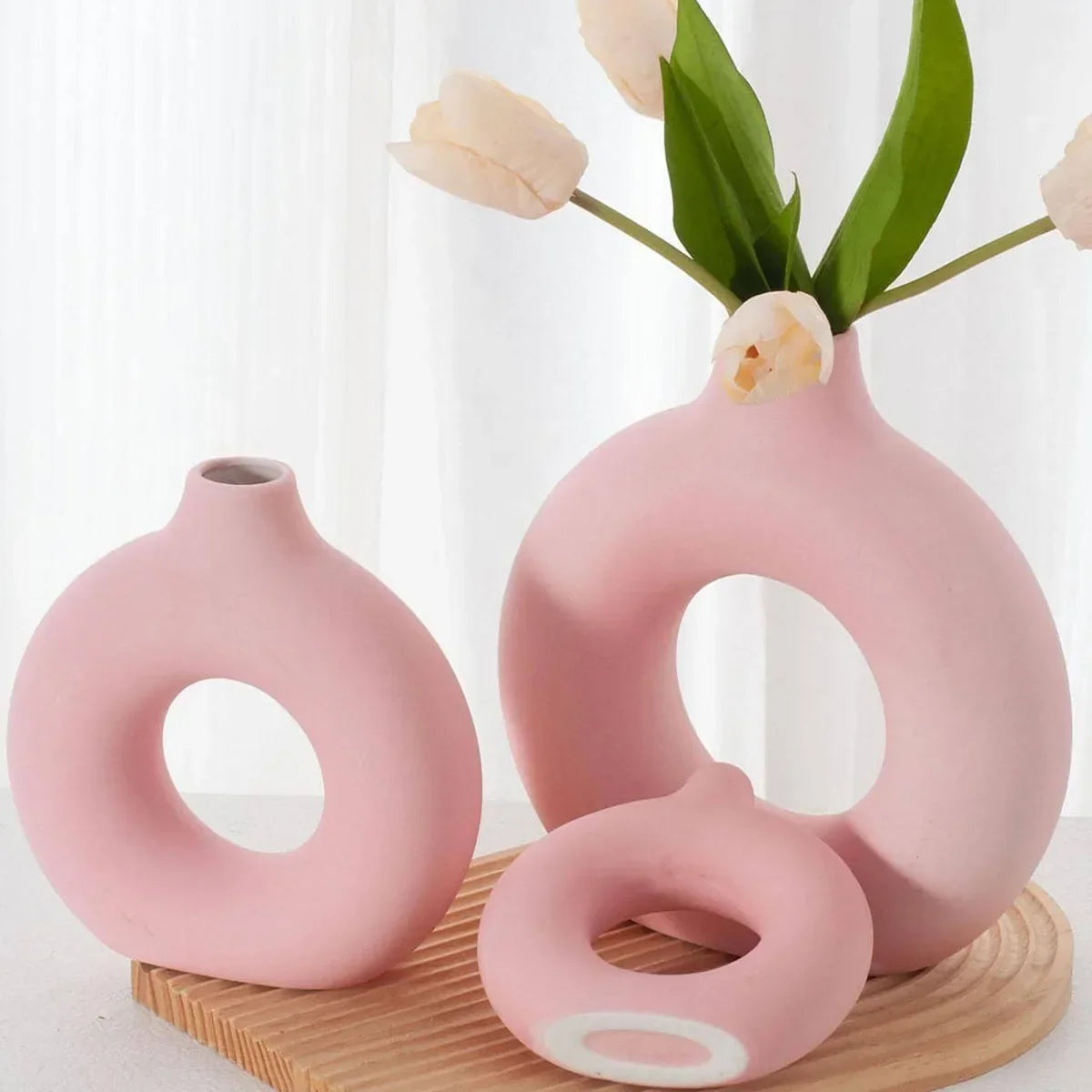1pc White Ceramic Vases For Home decor, Modern decor Frosted Circle Vase, Minimalist Nordic Donut Vase, Decorative - view 5