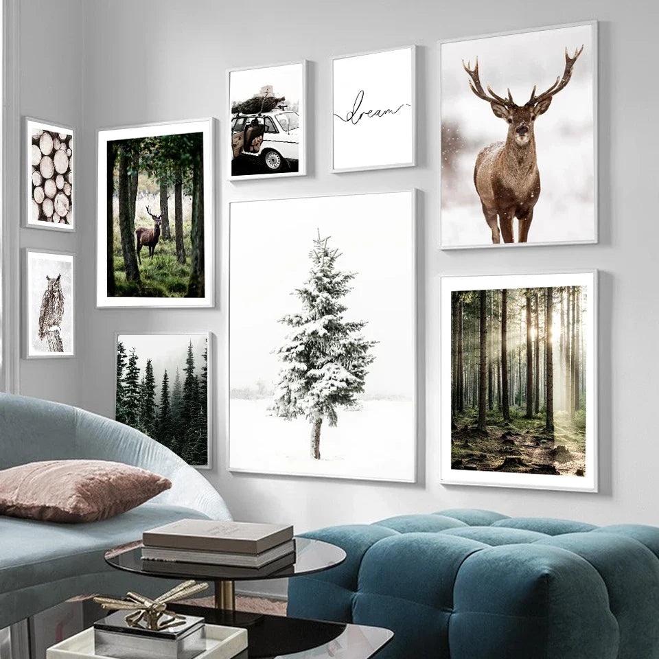 Winter forest deer owl landscape northern wall art - view 3
