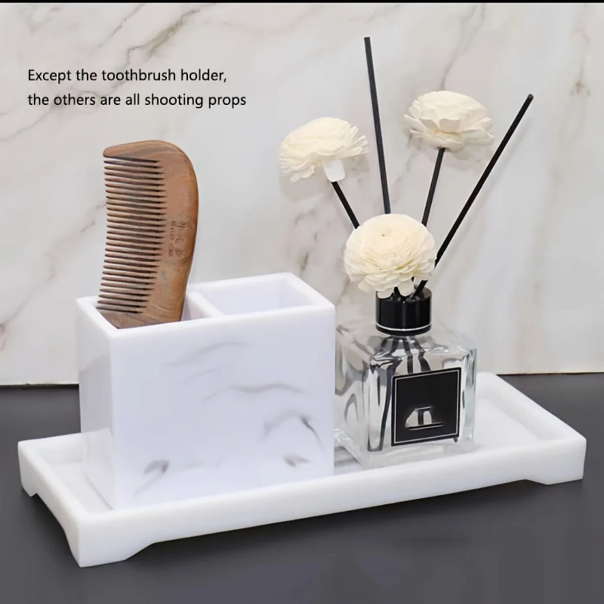 1pc Marble Effect Resin Toothbrush Holder, Luxury Nordic Style Toothbrush Stand, Multi-Compartment Bathroom Organizer, Elegant - view 4