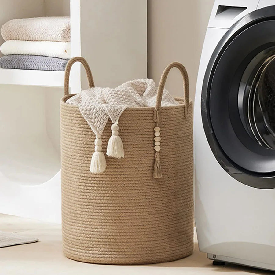Large woven storage basket with folding handles for toys and linen - view 2