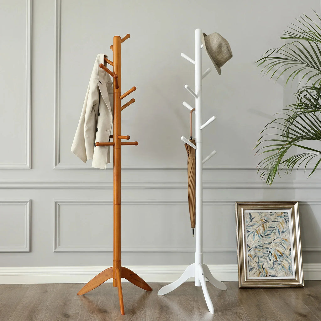 White Tree-Shaped Wooden Coat Rack with 8 Hooks and 3 Heights