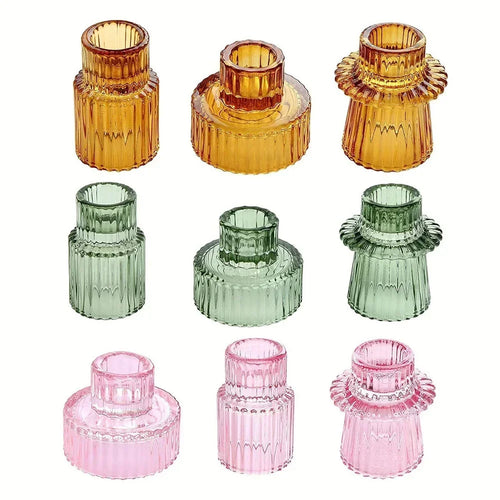 3PCS Set Glass Candlestick,Stick Candle Holder,Transparent Pink Green Amber Color,Wedding Romantic Table Candle Stand,Home decor