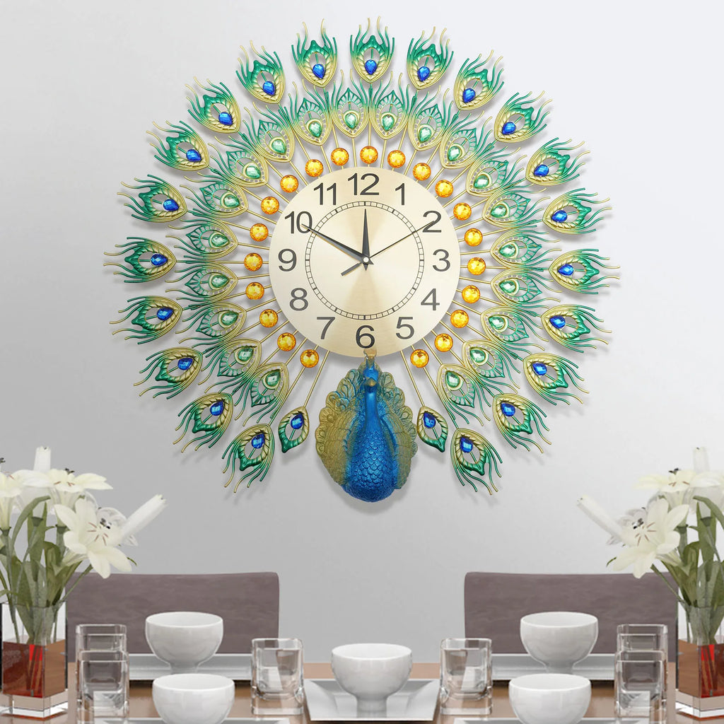 Silent metal wall clock decorative peacock pattern interior - view 2