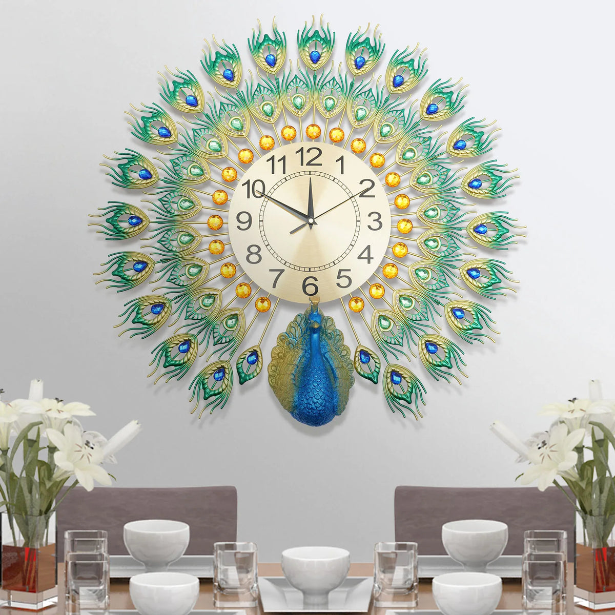 Silent metal wall clock decorative peacock pattern interior - view 2