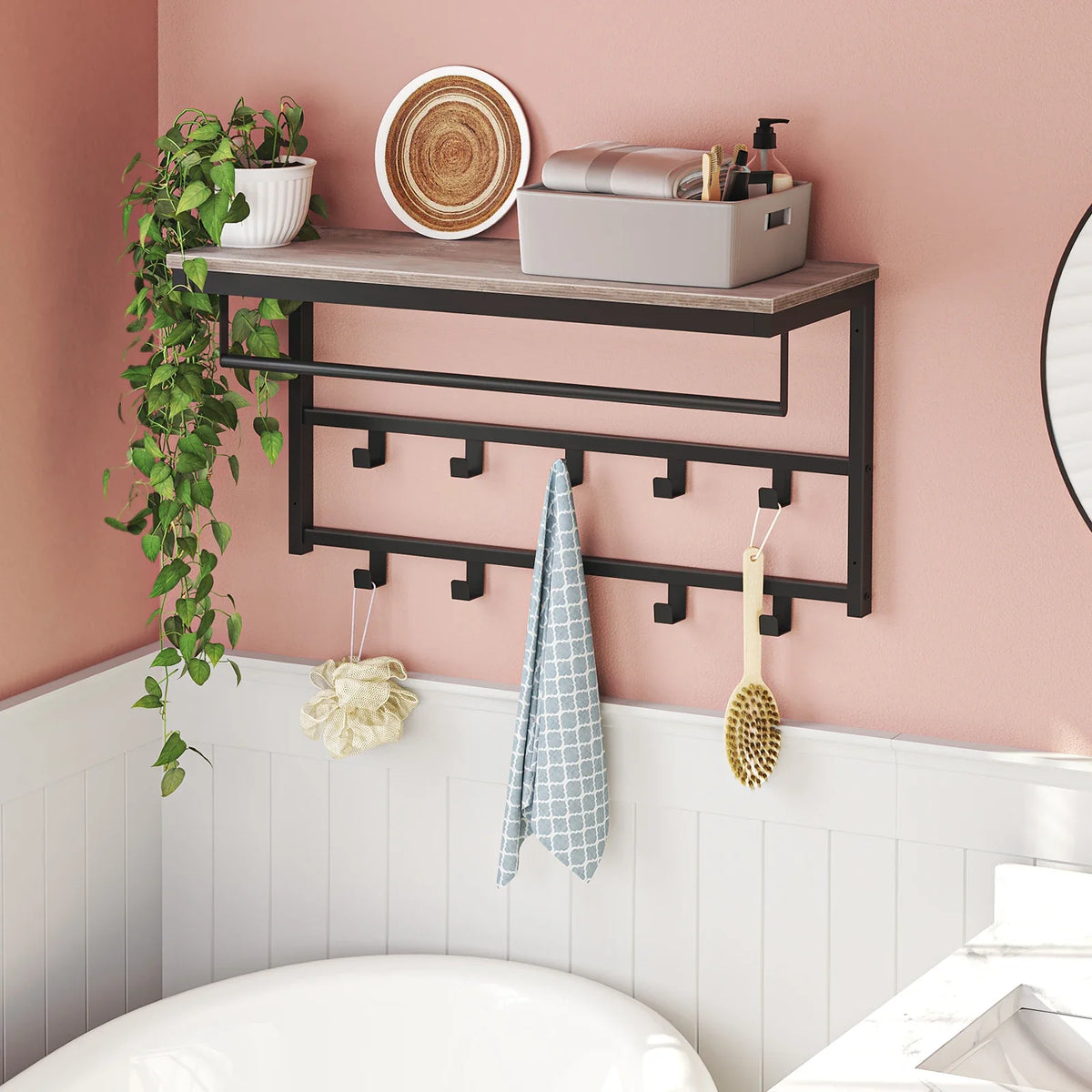 Wall Mounted Coat Rack with Shelf, Wall Shelf with 10 Hooks and Rods, Wall Mounted Hanging Shelf for Hallway Living Room - view 2