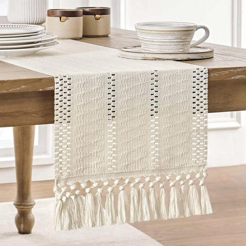 Ivory Macrame Boho Table Runner, Country Style, Design 1 - view 3