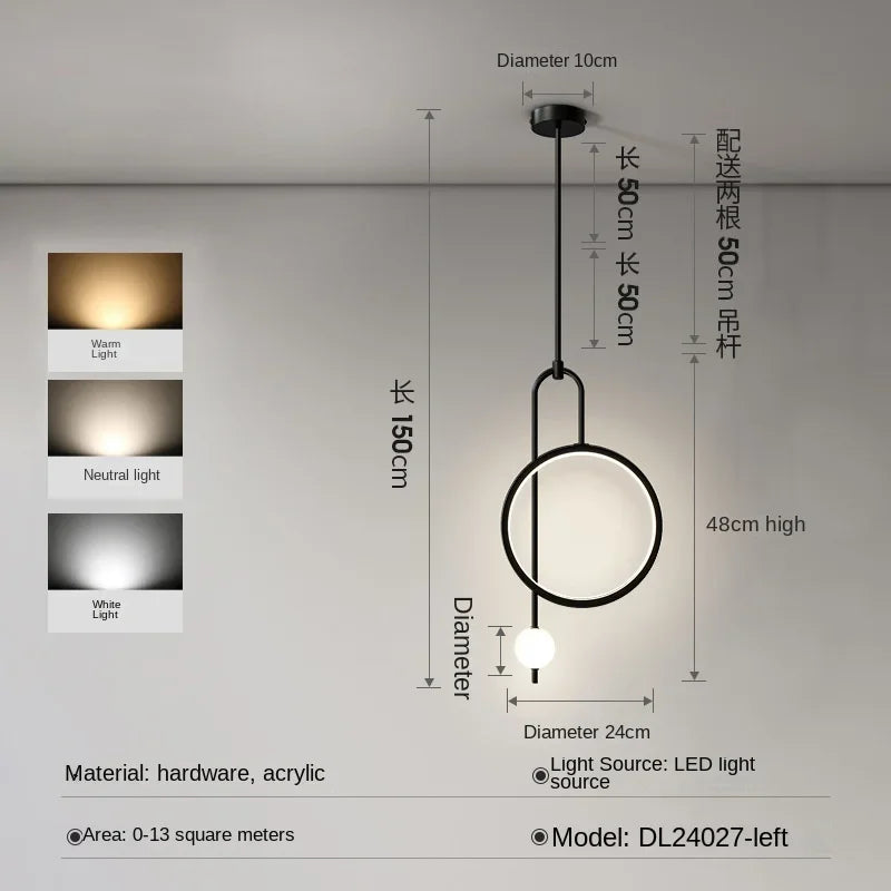 Modern pendant light with golden ring and Nordic minimalist lighting - Black Left / White Light