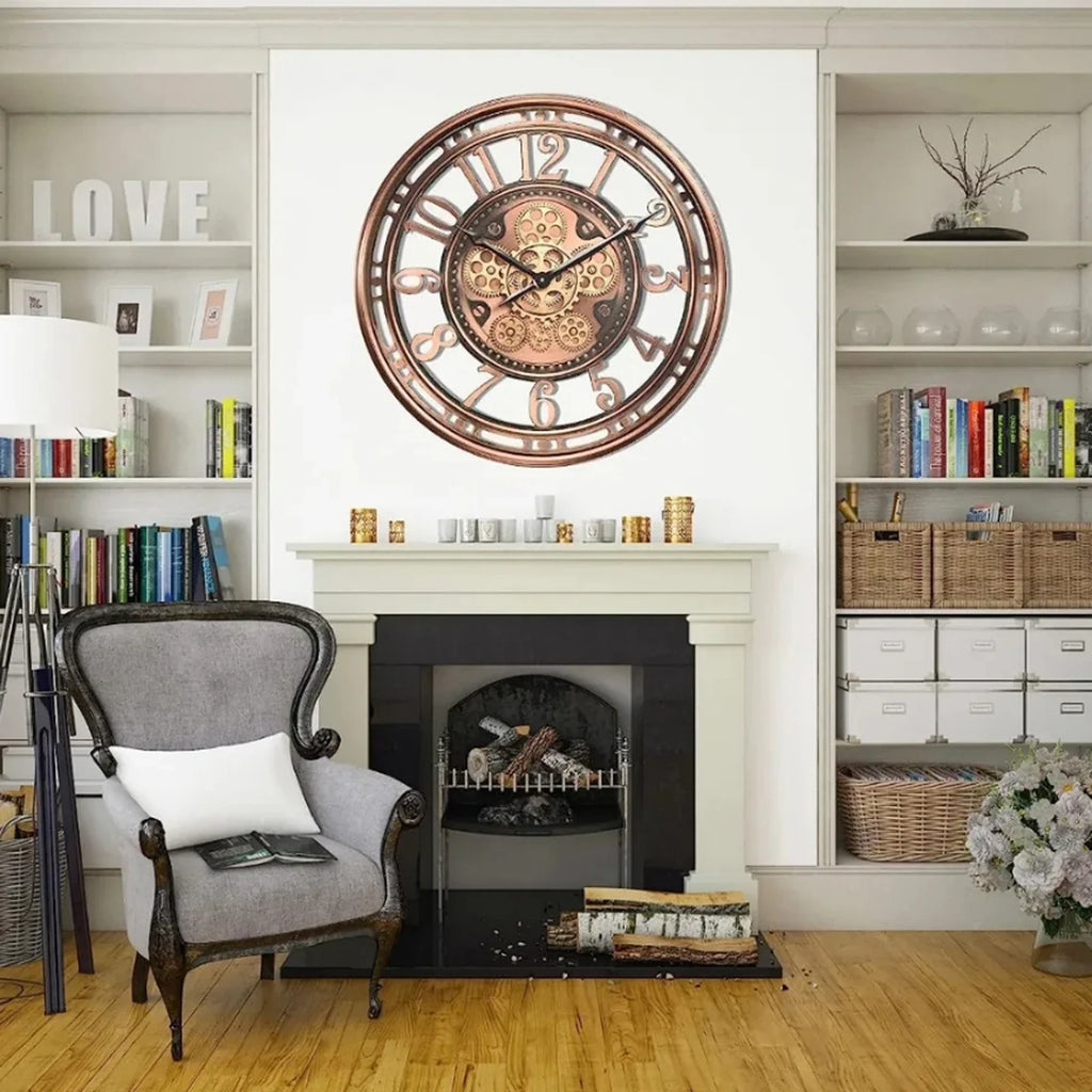 Ancient wall clock in decorative metal with gears - view 3