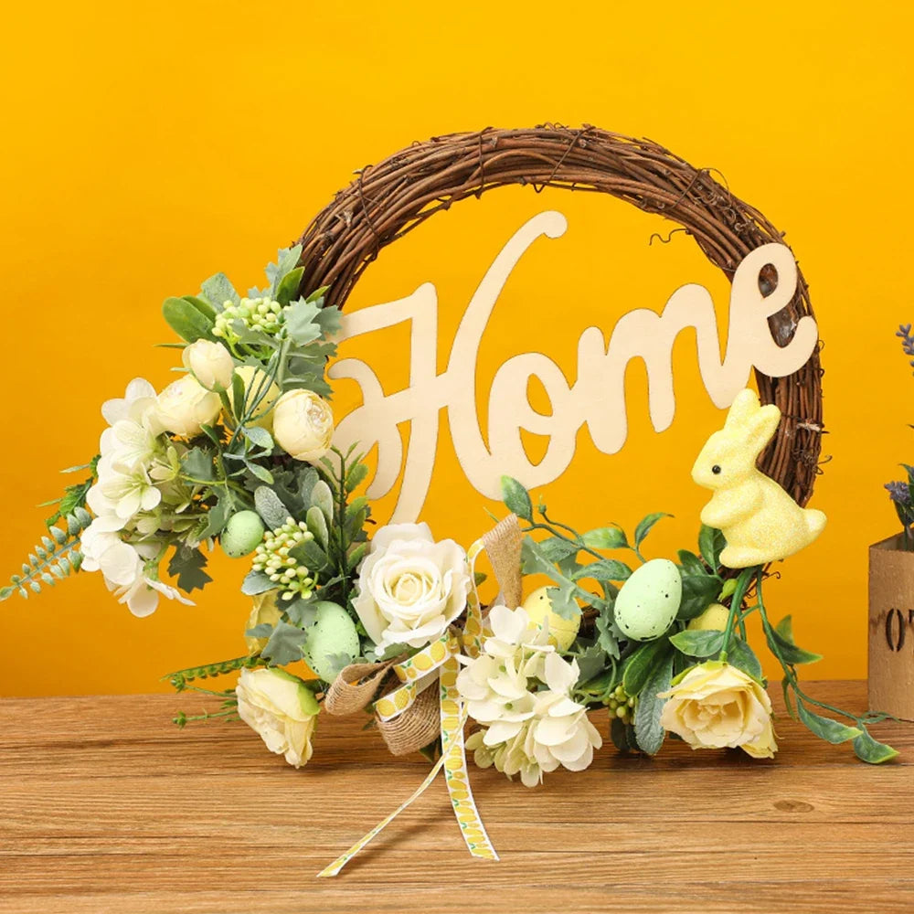 Easter decorative crown with rabbit and suspended eggs