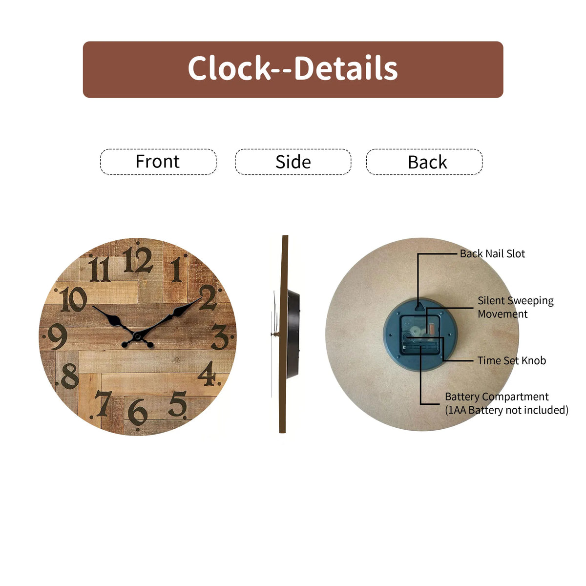 1pc Wooden veneer wall clock, Vintage style Brown wood texture design wall clock, round silent clock, suitable for living room b - view 6