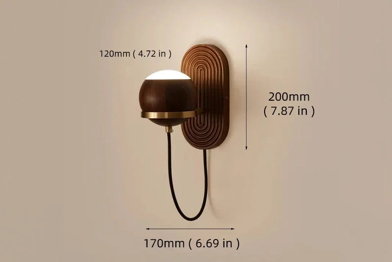 Walnut Wood Circular Sphere, Modern Wabi-sabi minimalist Wall Sconce light for Bedroom, Bedside, Living, Dining Room - A / Changeable