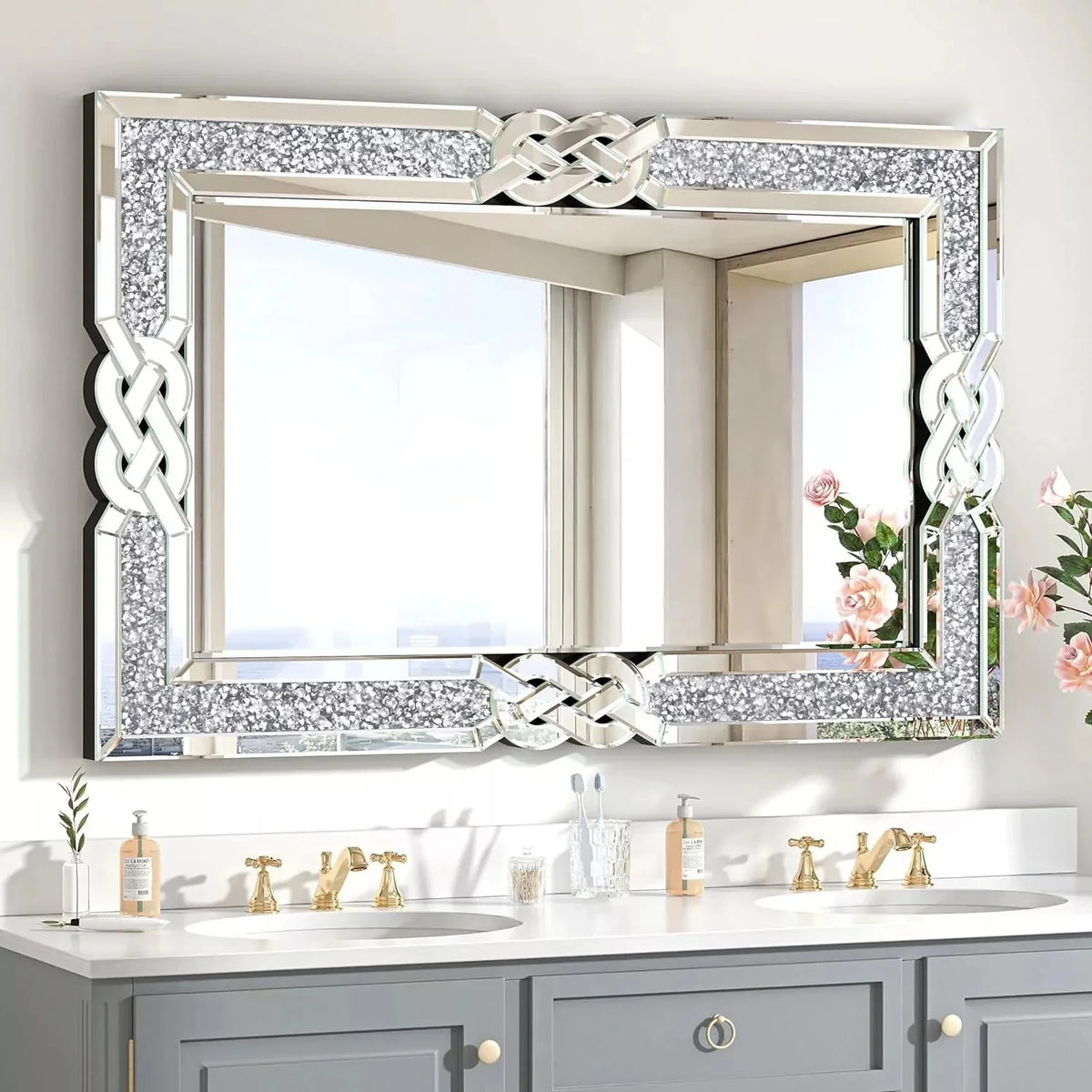 Rectangular glass mirror with decorative crystal frame - Silver 100x70cm