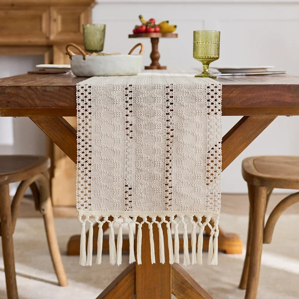 Refined Bohemian Woven Table Runner with Pom-Poms - view 3